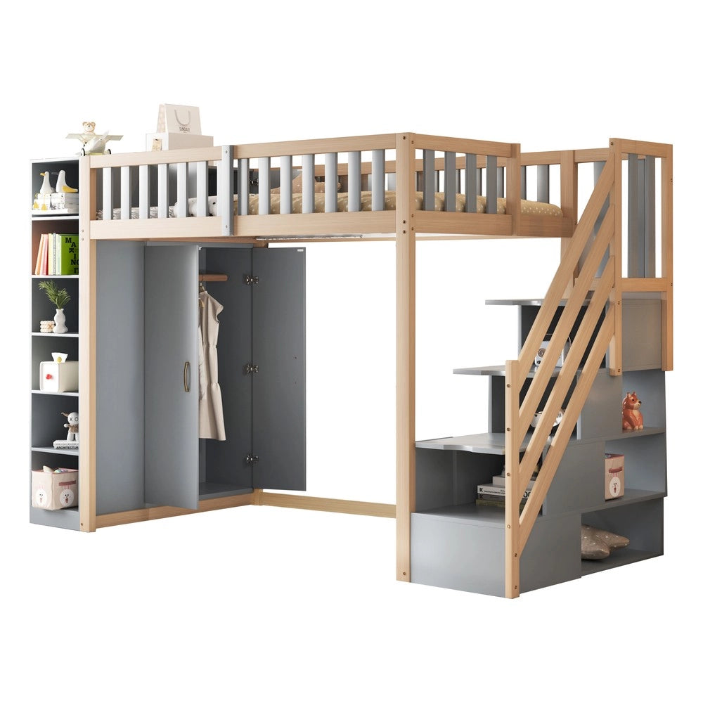 Letto a Soppalco Multifunzione ¨C MINIMAL ¨C 90x200, Grigio, con Armadio e Scaffali