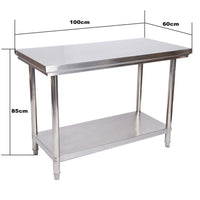 Tavolo da lavoro in acciaio inox 100 x 60 x 85 cm con ripiano inferiore e piedi regolabili