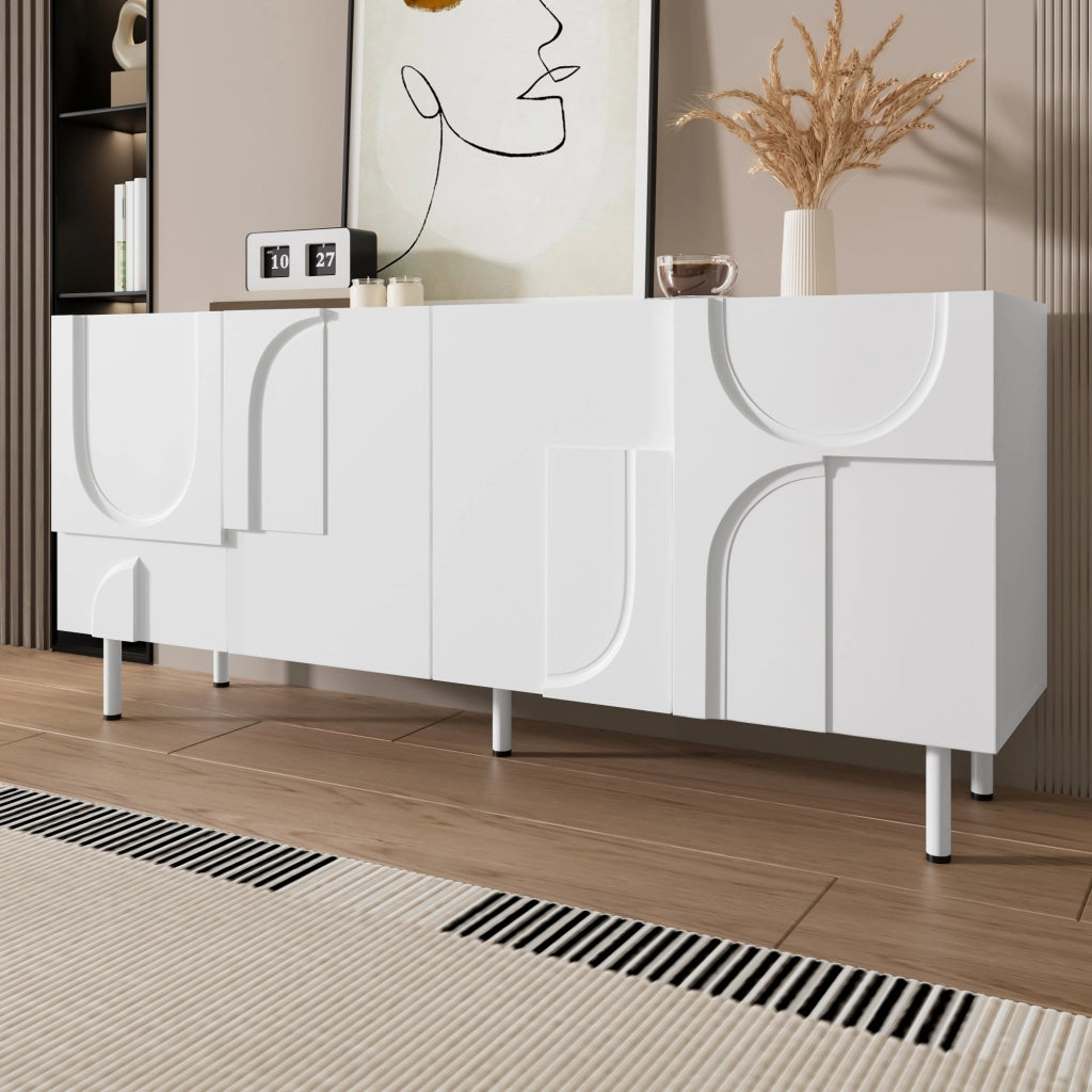 Credenza con 4 Ante e Piedini in Metallo; Design Geometrico Moderno con Curve Irregolari; in MDF e Pannello Truciolare; Bianca