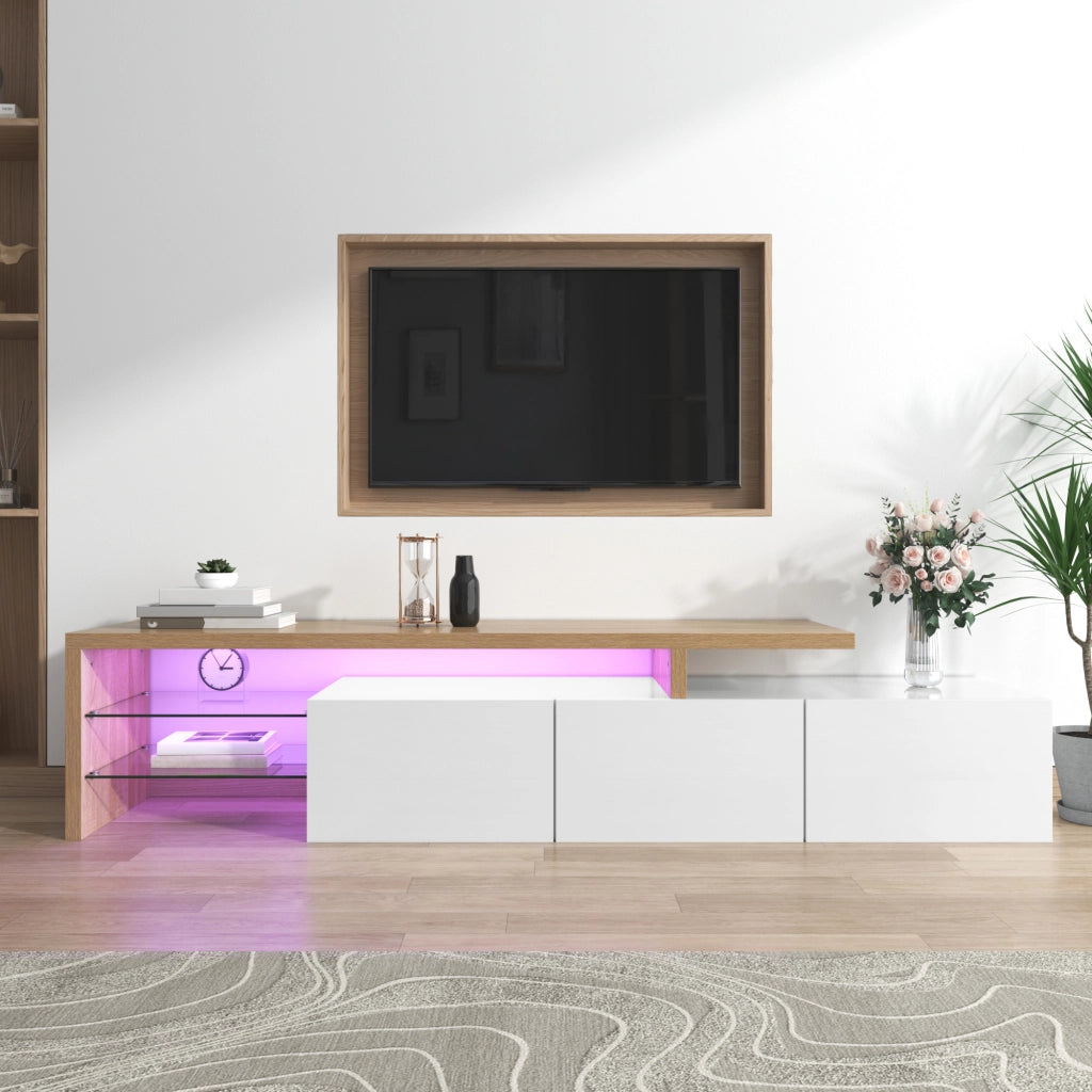 Mobile TV 3 ante, nicchie e LED per soggiorno, in MDF e vetro, naturale e bianco, 197.5 × 39 × 42 cm