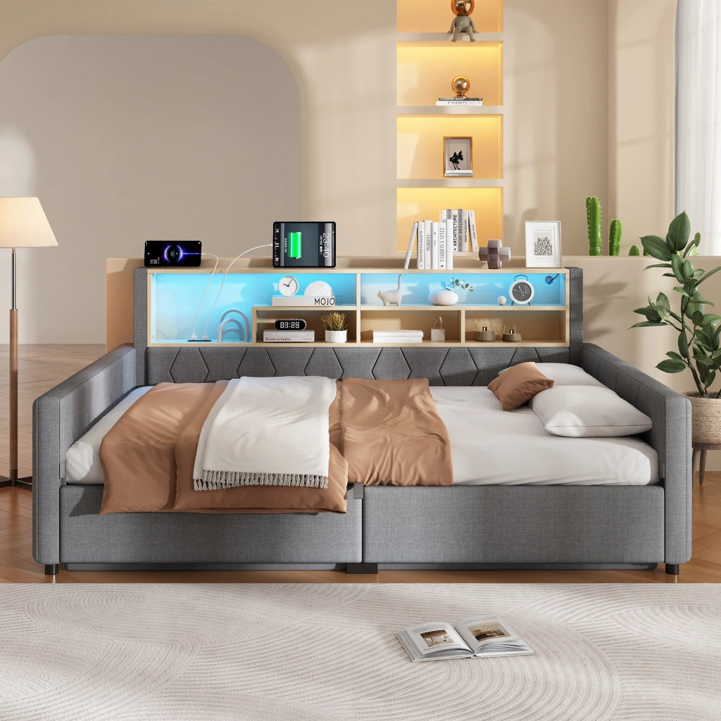 Letto contenitore 140x200 in lino grigio con luce LED regolabile