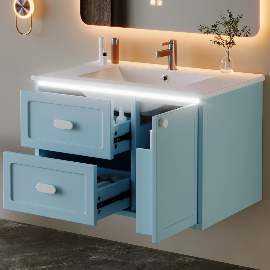 Mobile lavabo sospeso con lavabo in ceramica e luce LED con sensore radar blu 76x46x51 cm