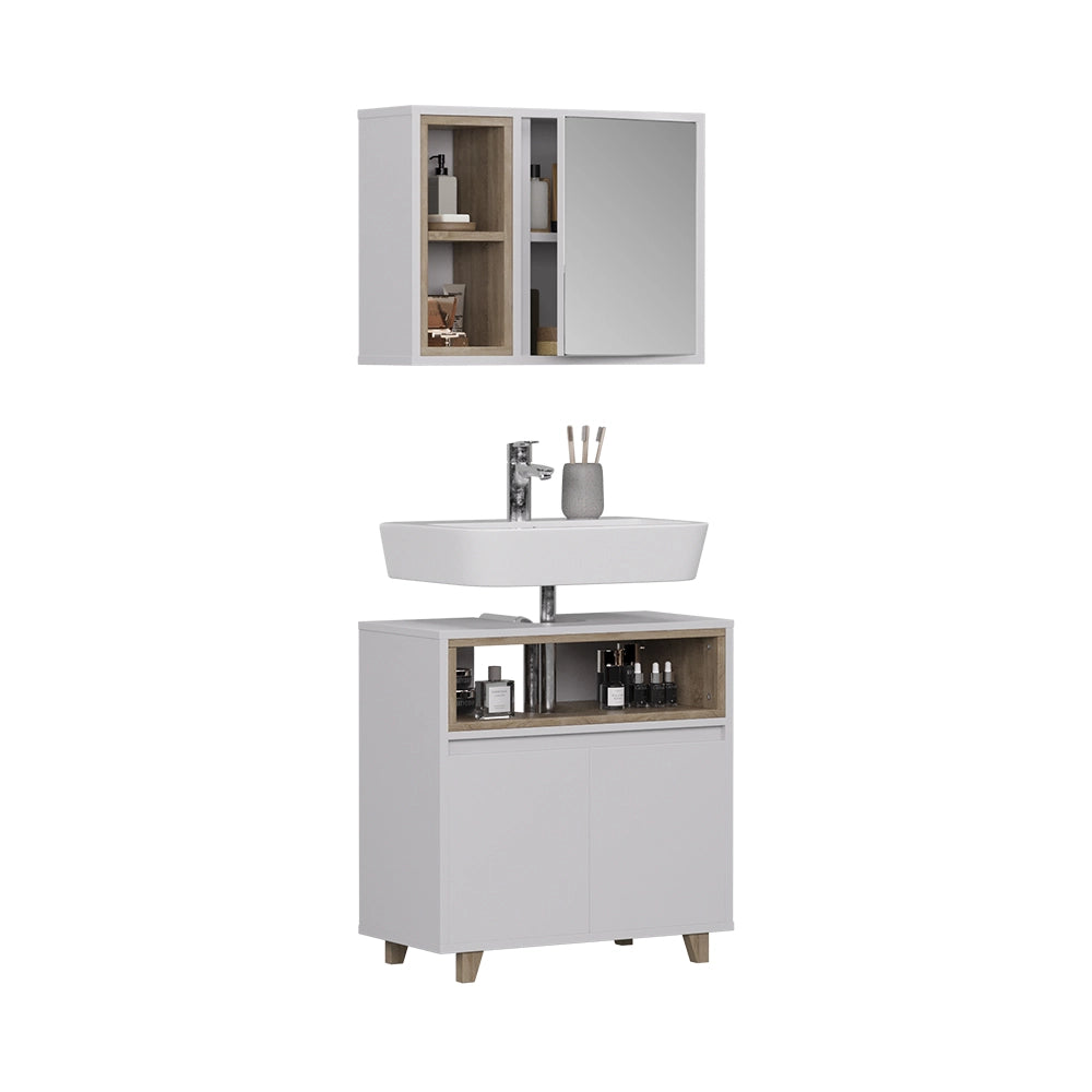 Vicco Set di mobili da bagno Bianco/quercia con mobiletto a specchio e mobiletto base