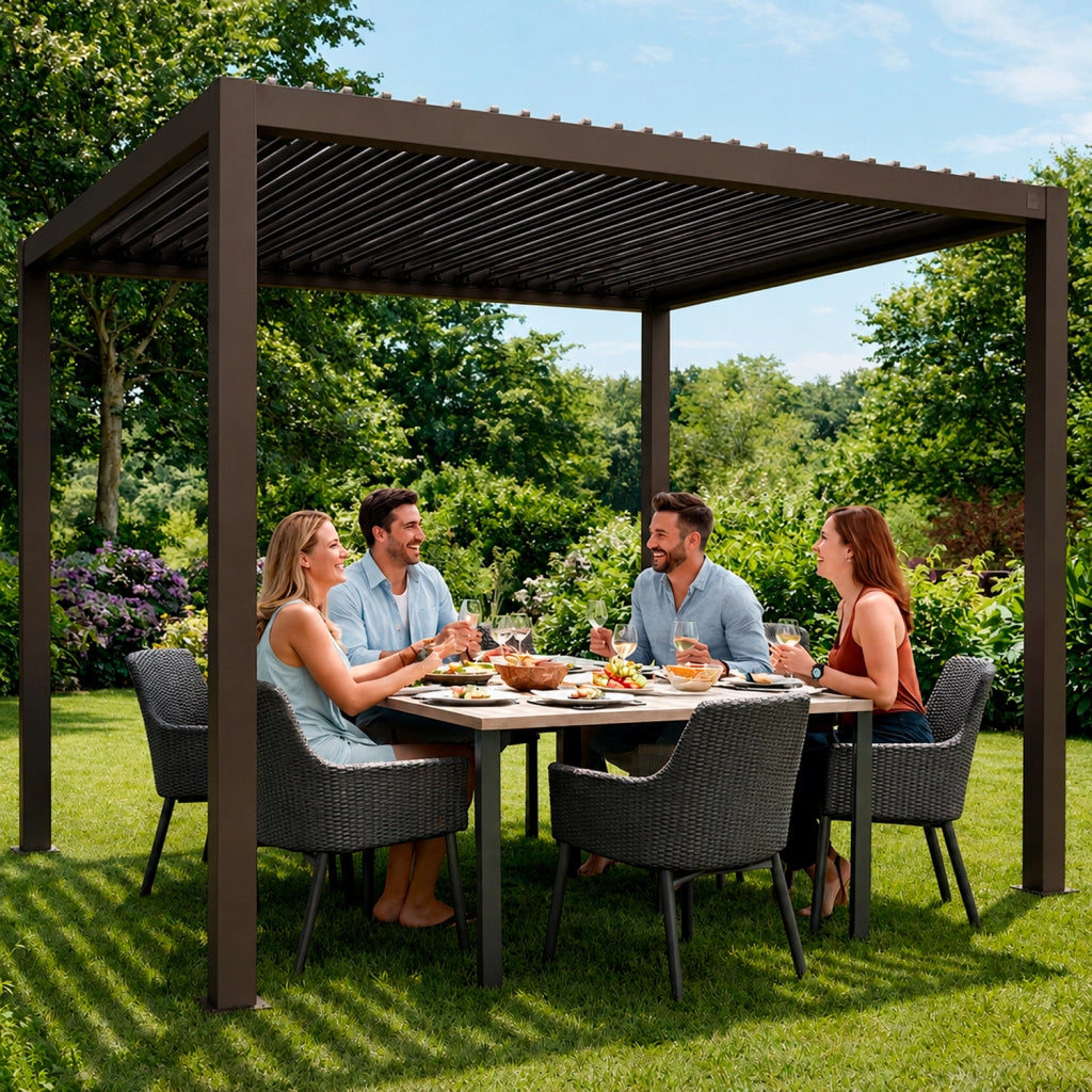 Pergola Bioclimatica 3x4 Metri Gazebo Con Tetto A Lamelle Orientabili Sistema Di Scarico Acqua Struttura In Alluminio E Acciaio Resistente Ai Raggi UV Per Giardino Terrazza E Piscina Marrone Opaco