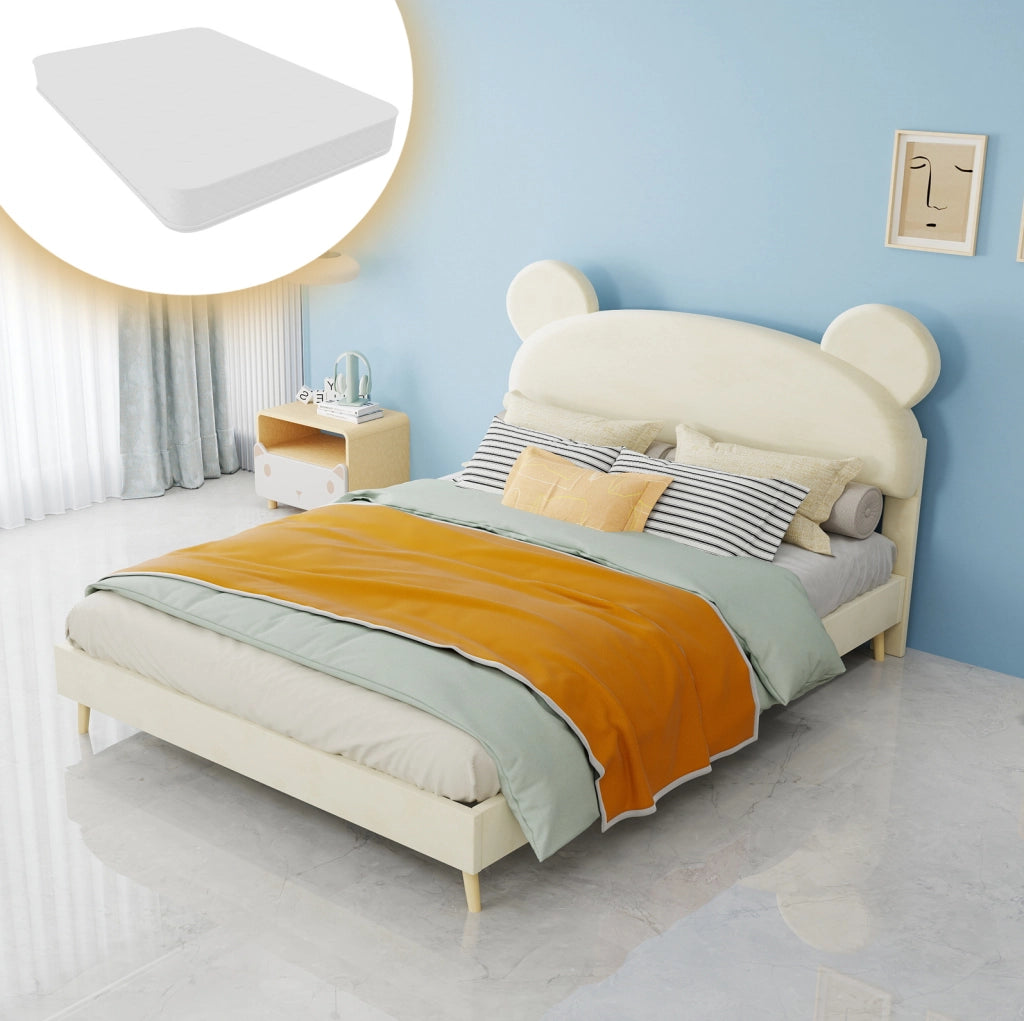 Letto per bambini imbottito 140x200 cm beige con testiera effetto peluche e materasso
