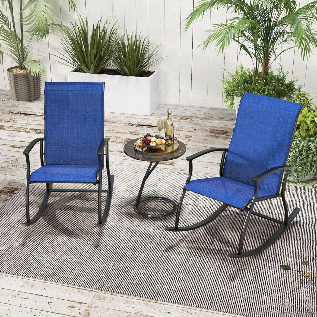Set di 2 poltrone a dondolo in tessuto a rete, sedia a dondolo da esterno, design ergonomico, Rocking-Chair, carico 150 kg, per terrazza, patio, giardino, 102 x 68 x 100 cm, colore: blu
