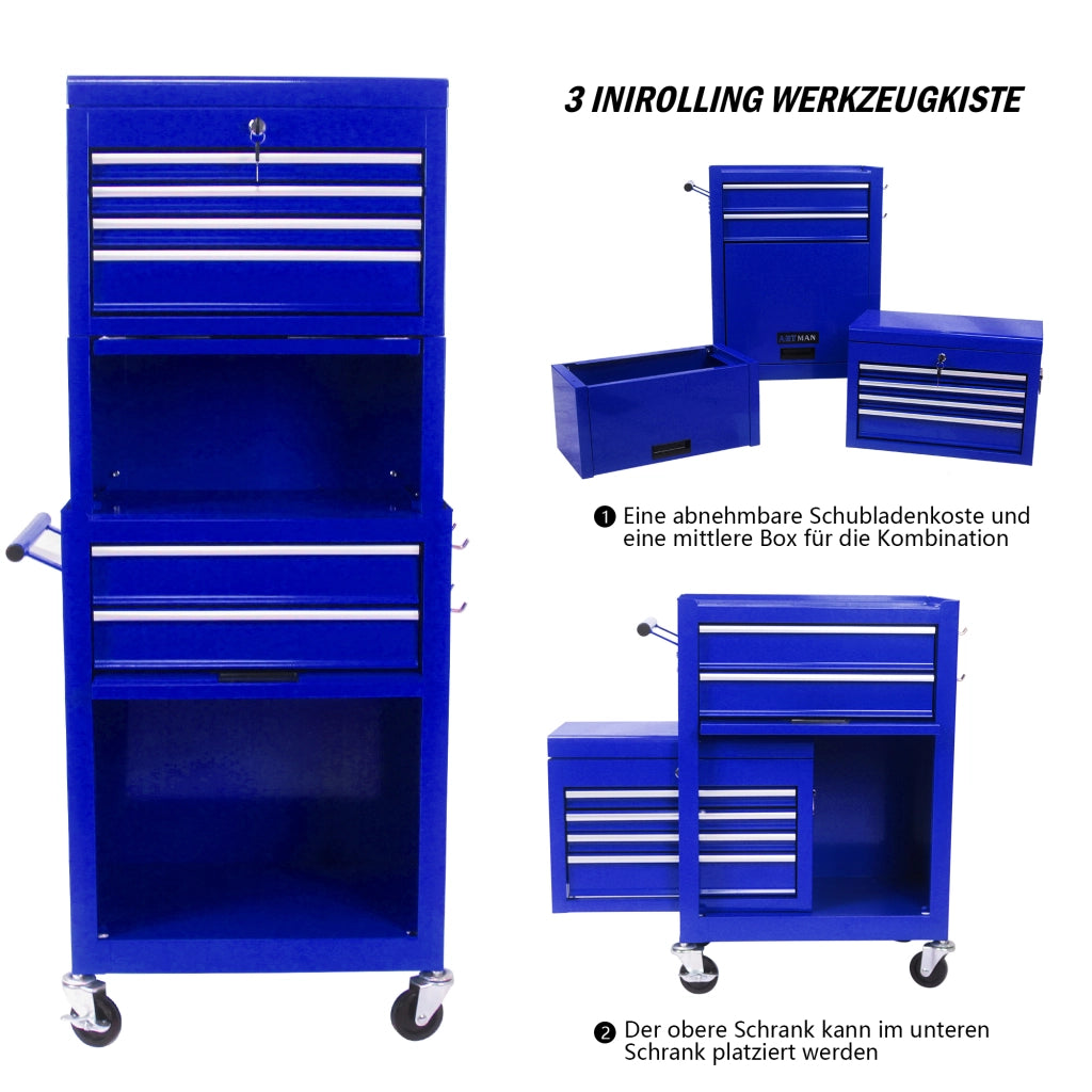 Cassettiera con ruote a 6 cassetti e sistema di blocco in acciaio per garage officina e autoriparazione blu