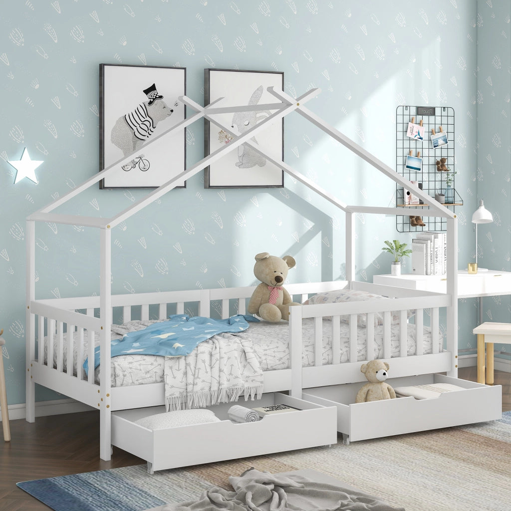 Letto a casa bianco con recinzione funzione di stoccaggio in legno massello 200x90 cm