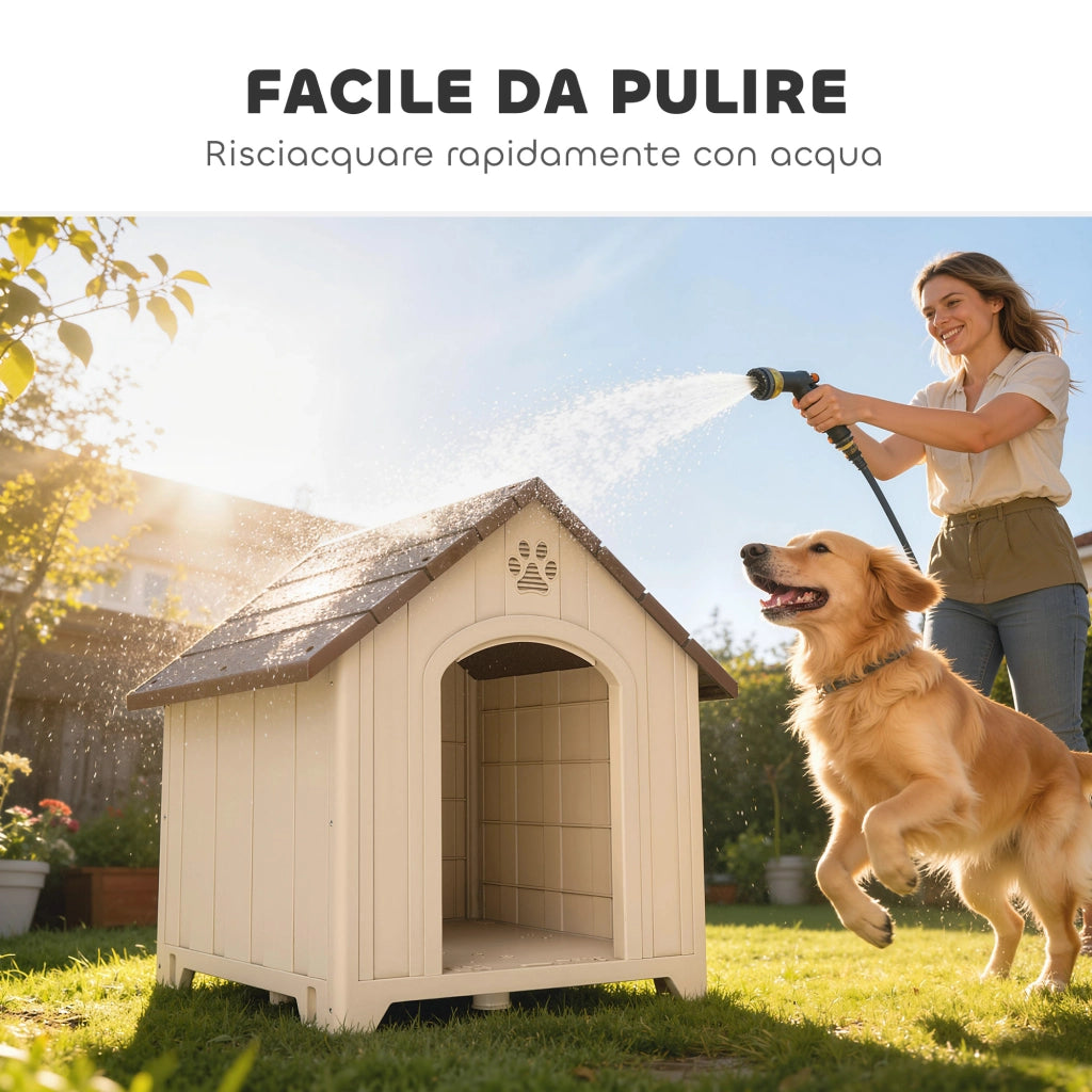 Cuccia per Cani Rialzata 88x78x89 cm con Tetto Inclinato e Prese d'Aria in PP Beige e Marrone Scuro