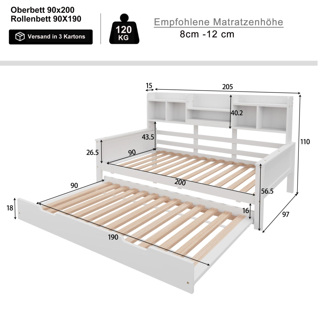 Letto multifunzione in legno con letto estraibile e vani contenitivi
