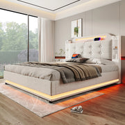 Letto imbottito 140x200 cm con contenitore; LED e ricarica USB Type-C in lino beige
