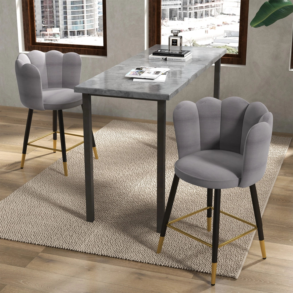 Set da 2 Sgabelli da Bar Vellutati con Poggiapiedi e Base in acciaio, 59x52x90cm, Grigio