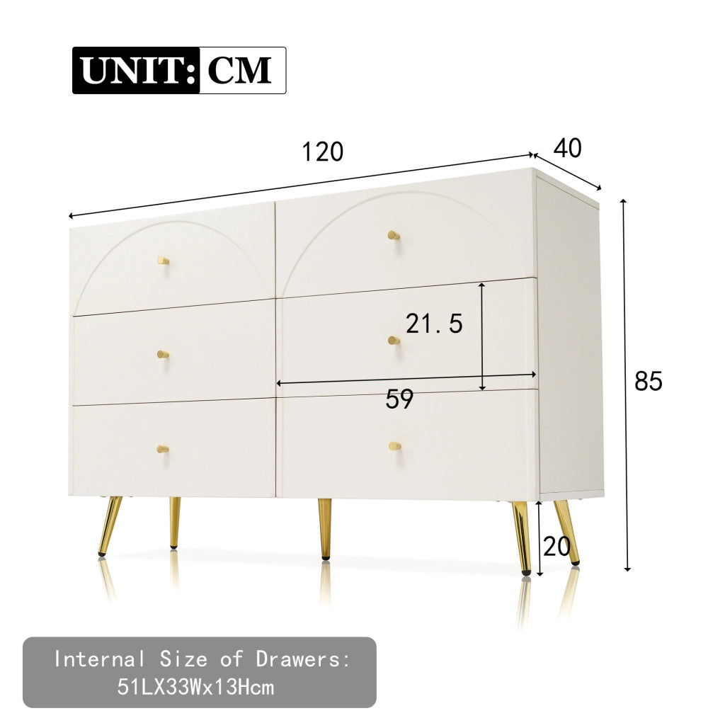 Comò crema bianco con 6 cassetti, 120 x 40 x 85 cm