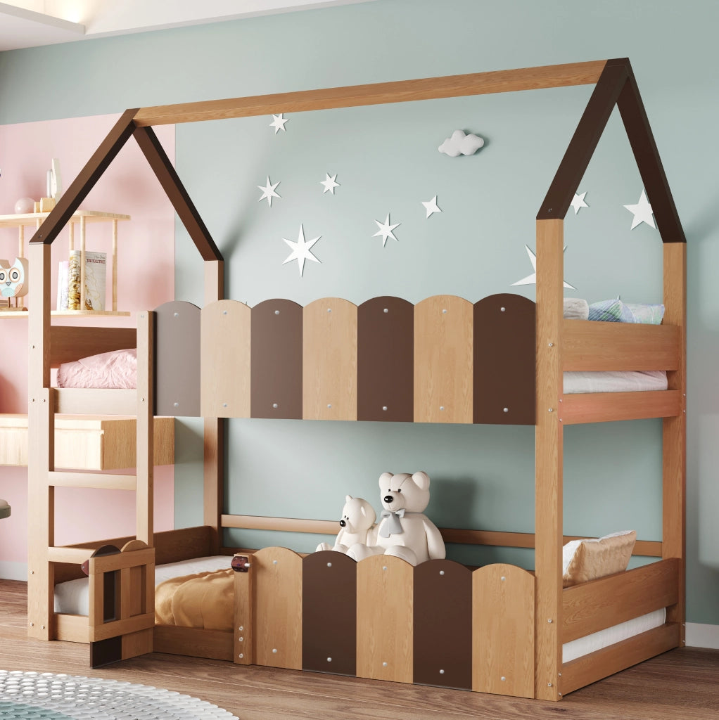 Letto a castello per bambini 90x200 cm a casetta in legno