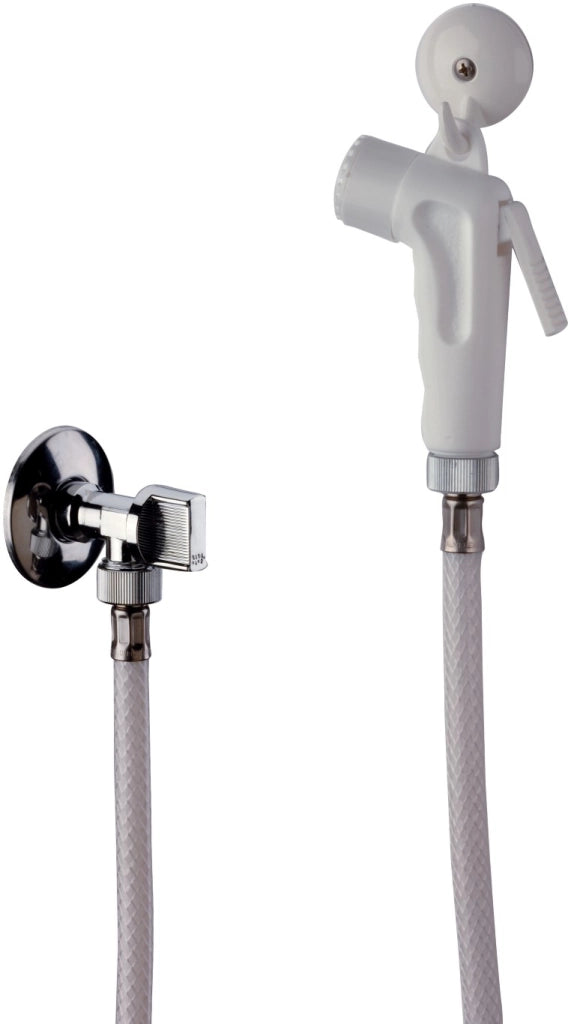 Set doccetta bidet eco con doccia a pulsante bianca, flessibile, rubinetto e gancio bianco