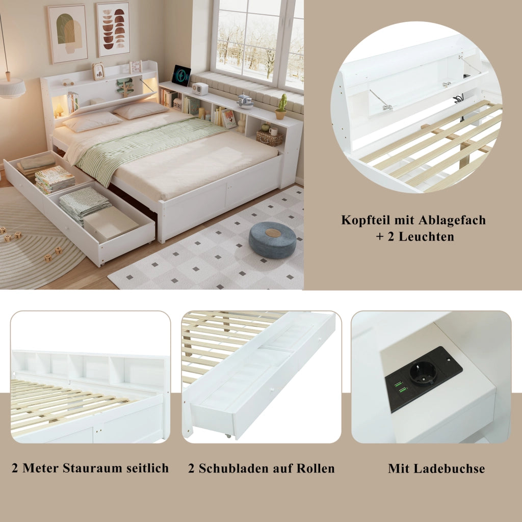 Letto matrimoniale 140x200 cm con luci, presa e contenitori