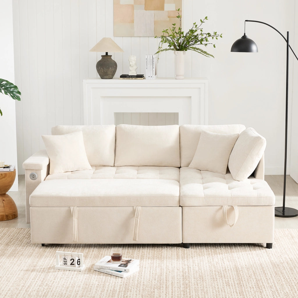 DIVANO LETTO angolare destro 209x130 cm in Chenille Beige con contenitore e USB