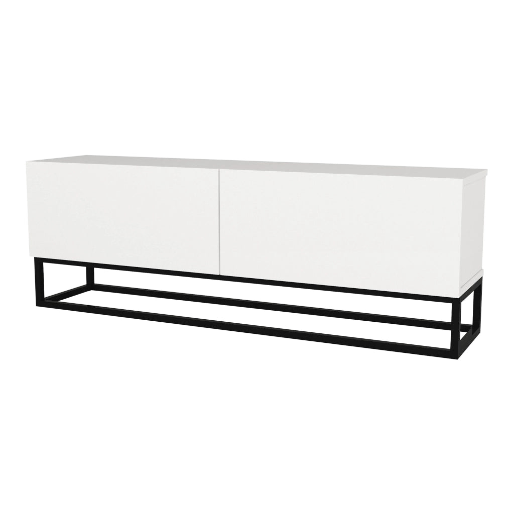 Mobile Porta TV Nolven a 2 Ante Ribalta e Telaio Lungo in Metallo 135x32x47 cm - Bianco [en.casa]