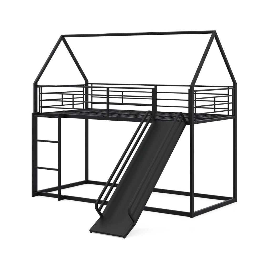 Loft con sponda di sicurezza e tetto di casa con scivolo e scala convertibili, Letto a castello basso doppio letto singolo Nero-Lettini per bimbi