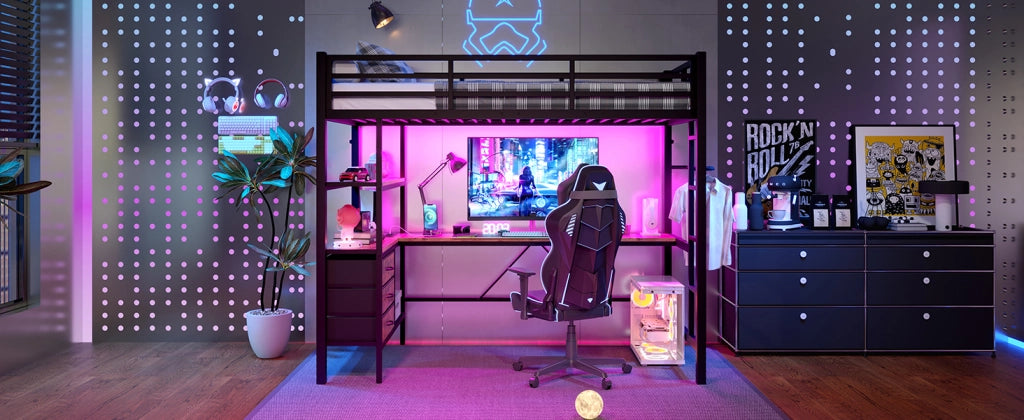 DESMIU Letto a soppalco 90 × 200 cm 1 posto con LED, scrivania, USB, 3 cassetti e ripiani, senza materasso