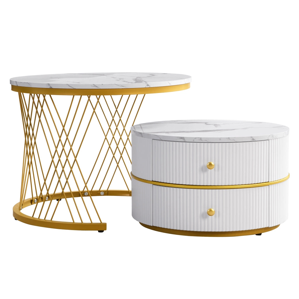 Set di 2 tavolini da caffè rotondi 60x60x46 cm e 50x50x30.8 cm; effetto marmo lucido; MDF; bianco