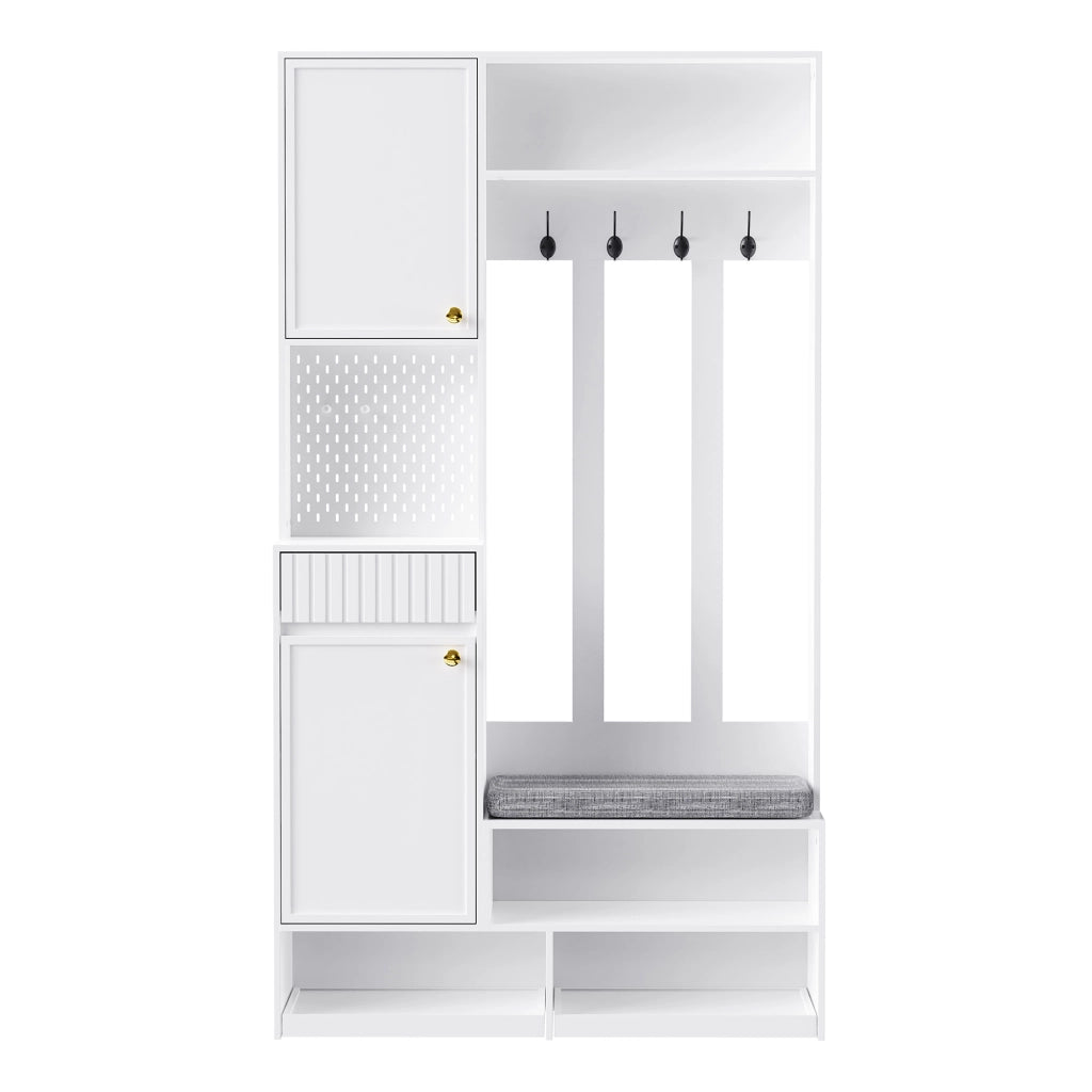 Appendiabiti da ingresso multifunzione con panca imbottita, armadietto, ganci e cassetti, bianco, 100¡Á180¡Á35 cm