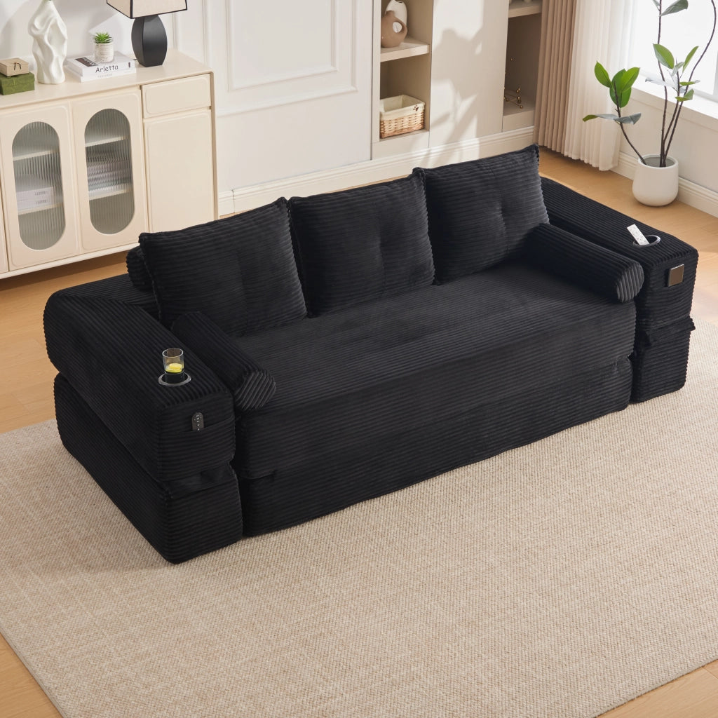 Divano letto modulare in velluto a coste nero 232x98 cm con tasche e portabicchieri