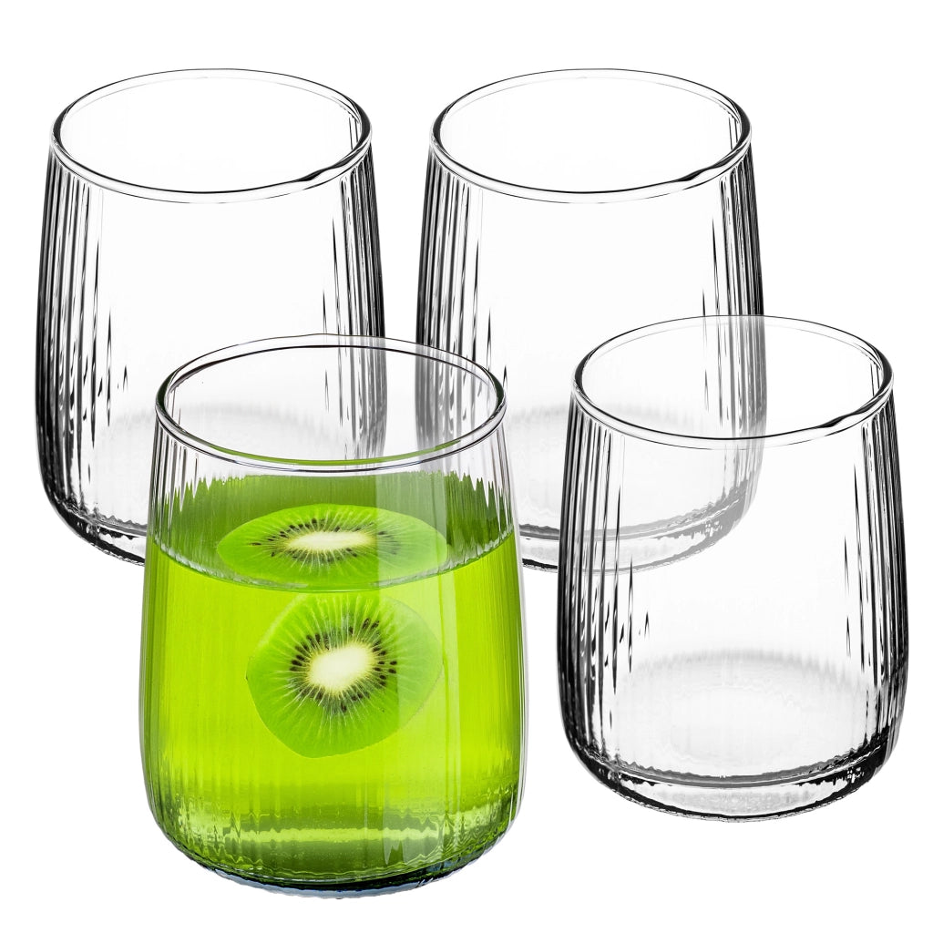 Set di 4 bicchieri da 310 ml per bevande, acqua e succhi di frutta, con superficie scanalata.