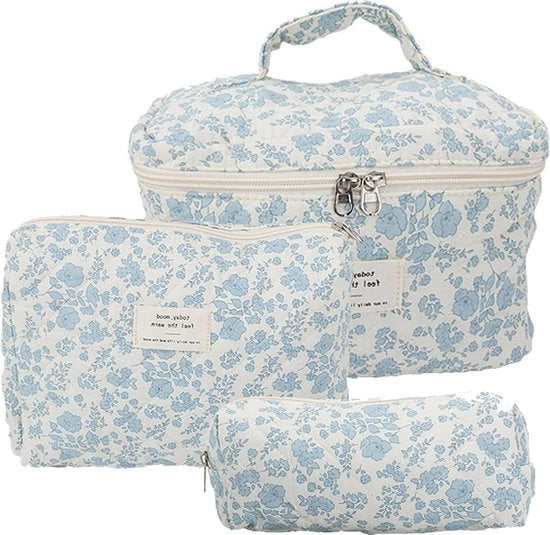 Set di trucco e accessori per la toilette - 3 borse cosmetiche per donne - borsa di organizzazione da viaggio in cotone con chiusura a righello - Blu Design moderno