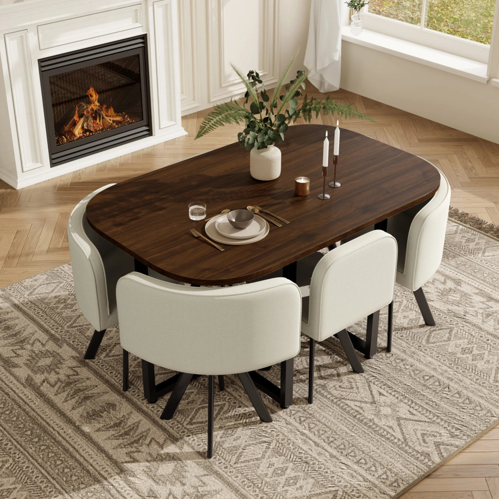 Set da pranzo con finitura effetto legno, composto da 6 sedie in tessuto di lino e un tavolo da pranzo (140 x 90 cm), beige e noce