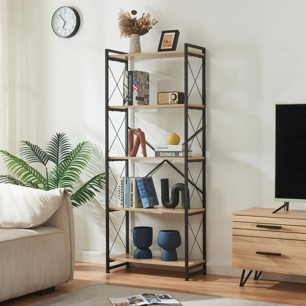 Libreria Skørping a 5 Ripiani Scaffale da Terra 160 x 65 x 30 cm - Nero / Effetto Rovere [en.casa]