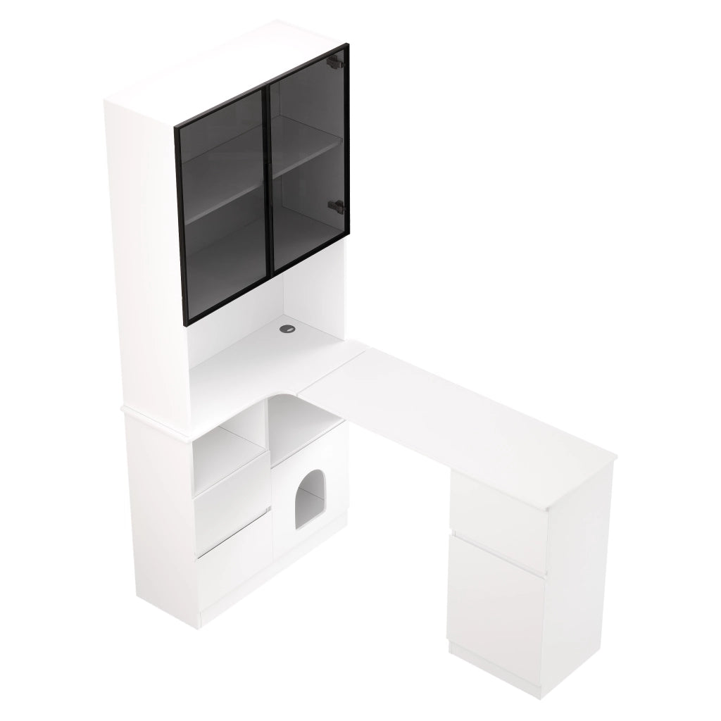 Scrivania angolare con libreria e vetrina LED 120×80×180 cm, bianco, MDF