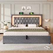 Letto matrimoniale 180x200 cm in velluto grigio con LED; USB e USB-C; contenitore idraulico