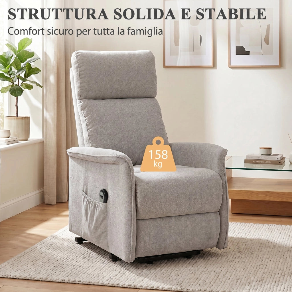 Poltrona Elettrica Alzapersona Reclinabile 69x91x106 cm con Schienale Alto e Telecomando in Ciniglia Grigio Chiaro