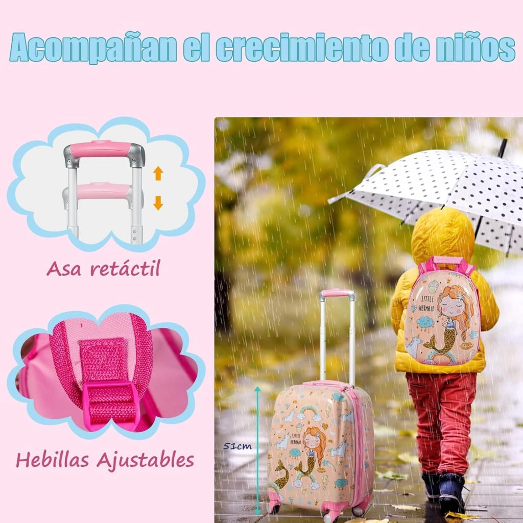 Set di Valigia 18’’ + Zaino 12’’ per Bambini 2 Pezzi, Bagagli 2-in-1 con Zainetto da Viaggio Aereo, Trolley con Maniglia Telescopica e 4 Ruote a 360° (Rosa Sirena)