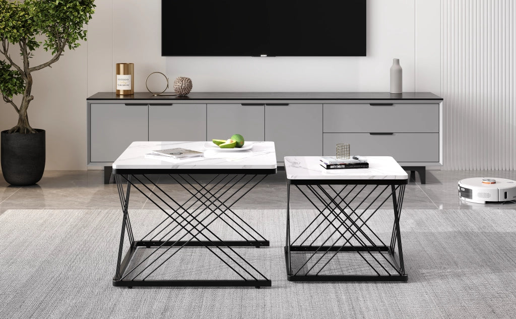 TAVOLINO DA SALOTTO Set da 2 pezzi 60x60x45 cm e 45x45x40 cm MDF Bianco/Nero