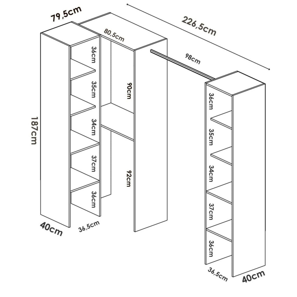 Guardaroba Alexois, Struttura per cabina armadio angolare, Mobile appendiabiti aperto ad angolo, 226x79h186 cm, Bianco