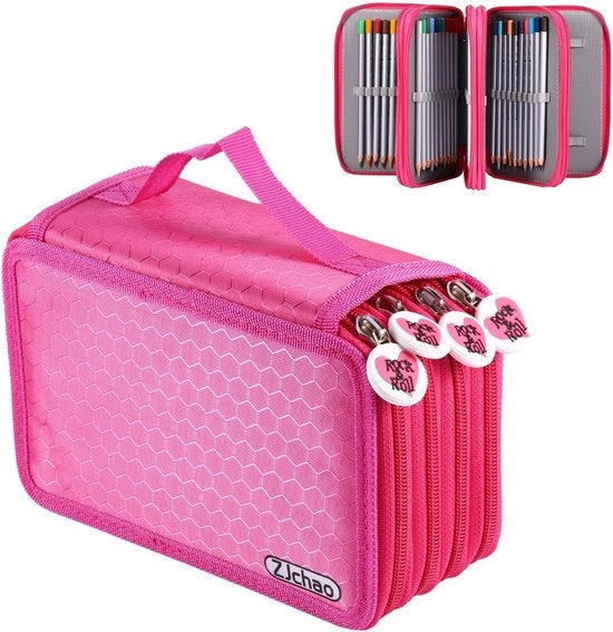 72 Conteggio Tasca per Grafite con Slot Colorati - Grande Capacità Organizzatore per Grafite Multistrato con Cerniera (Rosso Rosa) - Moderno e Funzionale