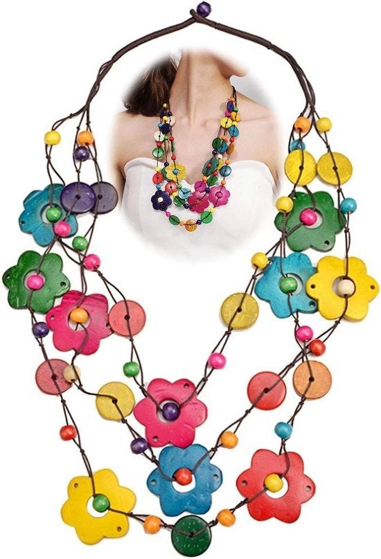 Collezione Premium - Lunga collana bohemienne con pendente di cocco e perle colorate - Accessori da spiaggia per signore e bambine