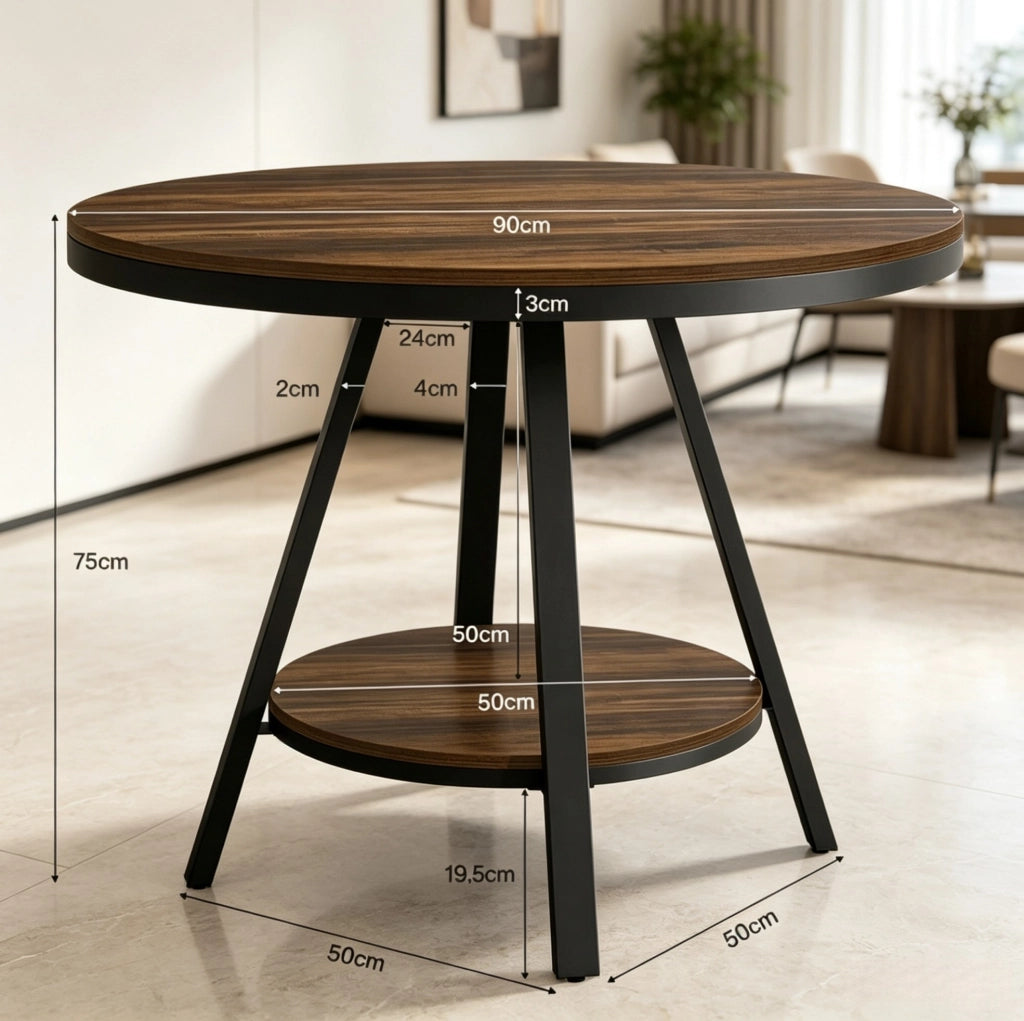 Tavolo da pranzo rotondo ULEVR ? 90 cm con ripiano inferiore, MDF e metallo, nero e marrone rustico