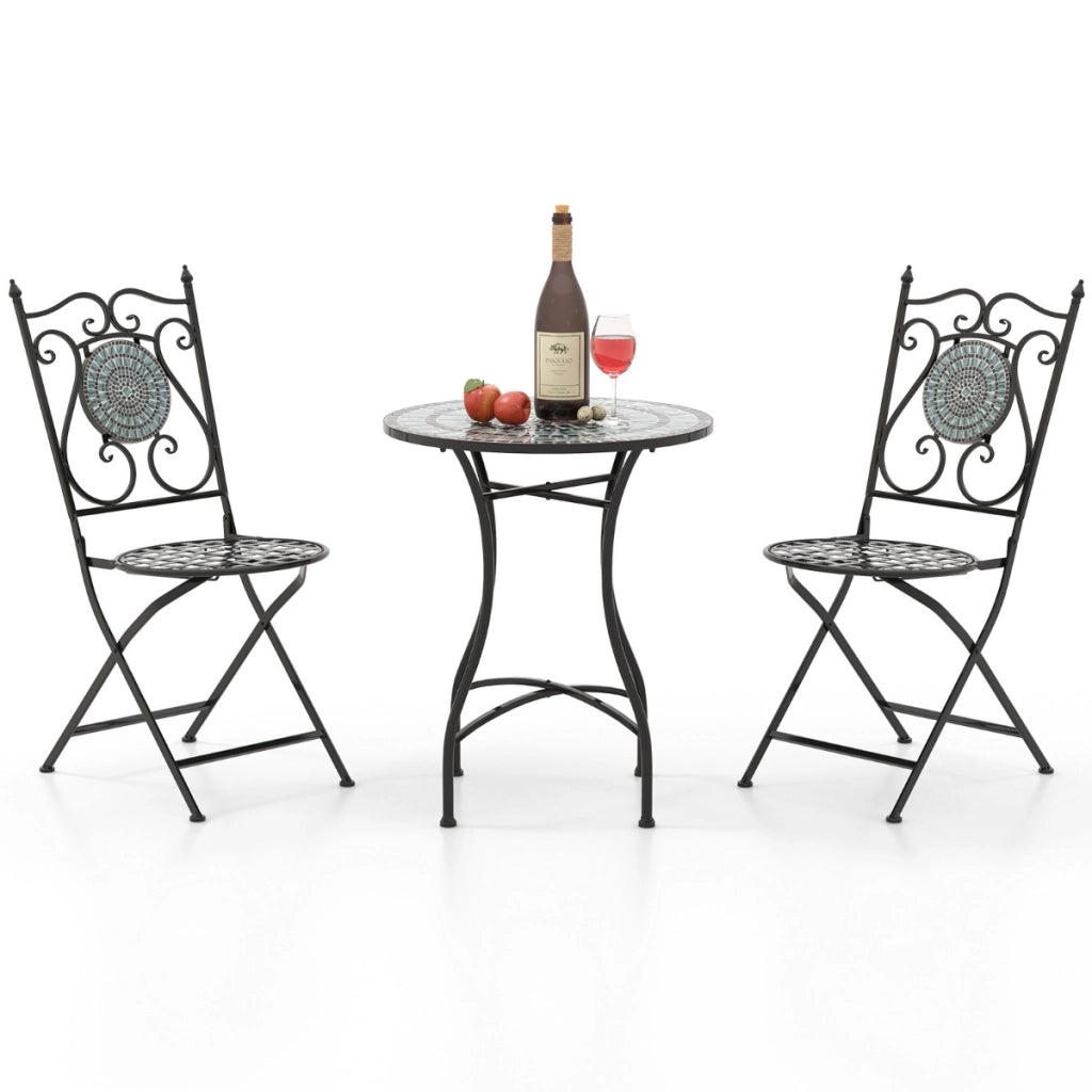 Set da bistrot da esterno 3 pezzi con attraente motivo a mosaico, Set da pranzo in metallo robusto per interno-Set mobili da esterno