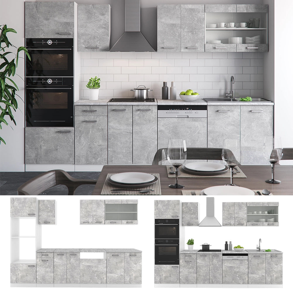 Vicco Cucina componibile Cemento/Bianco 300 cm con armadio alto, PL Rovere