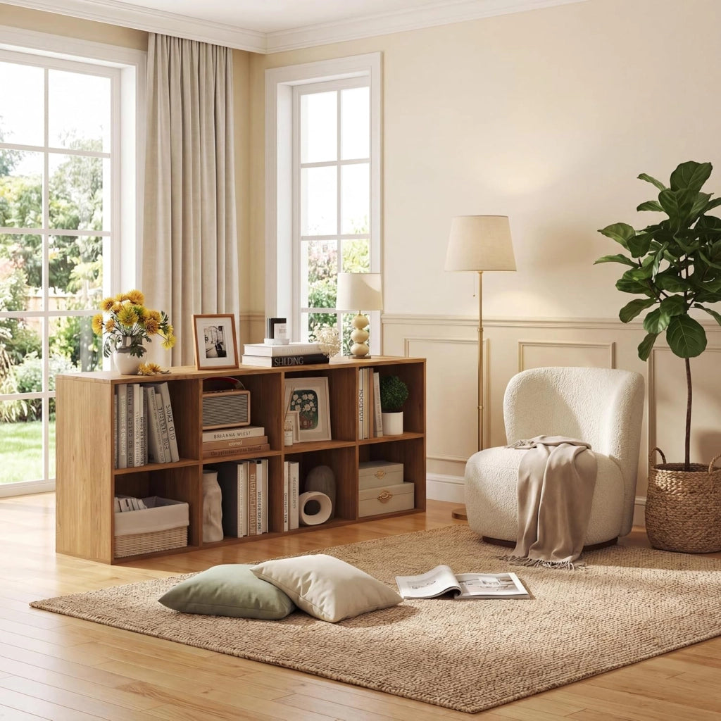 Libreria Basso a 8 Scomparti Aperti, 121,5 X 29 X 61 CM, Scaffale Libreria in legno con Dispositivi Antiribaltamento, Carico 180 KG, Espositore Salvaspazio per Soggiorno, Ufficio