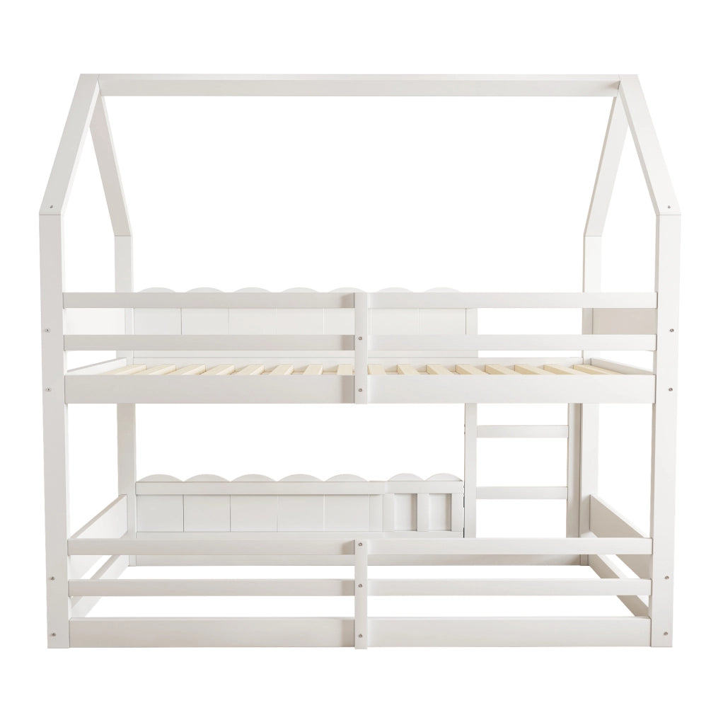 Letto a castello ULEVR 90x200 cm a forma di casa con scala frontale e sponde di sicurezza, bianco