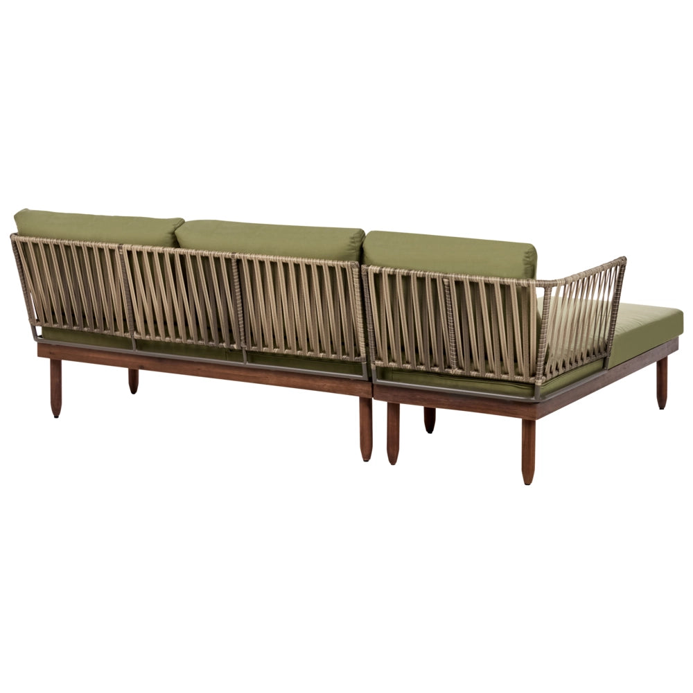 Set Lounge da Giardino 4 Posti ad Angolo Destro con Tavolino Poltrona in Finto Rattan Struttura in Legno di Acacia e Cuscini Verdi