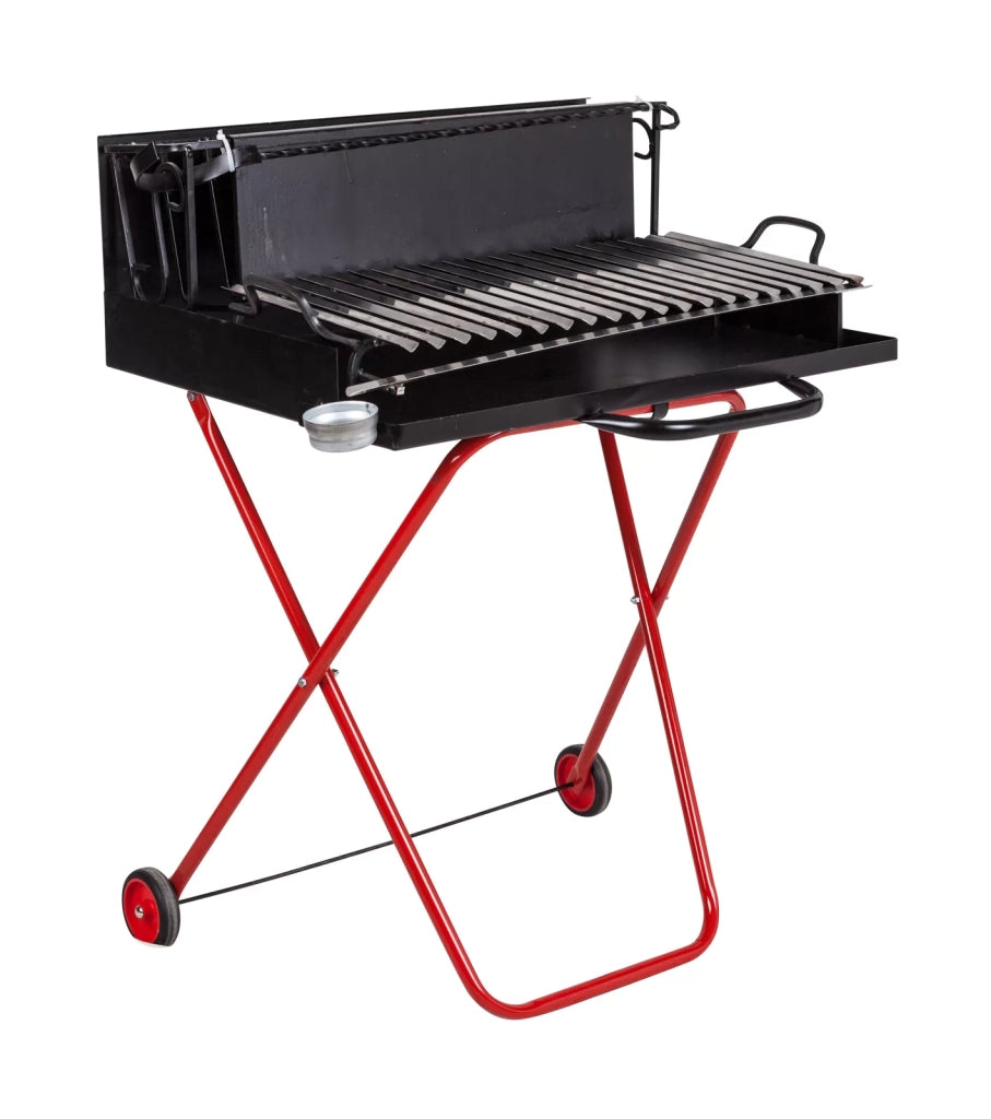 Barbecue a Legna Portatile con Griglia in Acciaio Inox, Ripiano Recupera Grassi, Pieghevole con Ruote, Made in Italy, Con tira braci e bicchiere raccogli olio OMAGGIO (LARGE)