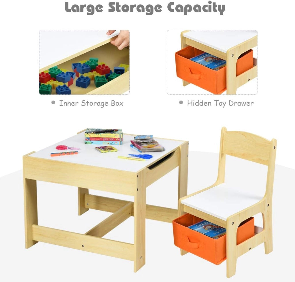3 in 1 Tavolo e Sedie per Bambini, Set Mobili di 3 Pezzi Camera, Tavolino Bianco e Nero da Gioco, Multiuso, Cosigliata Età 3-7 Anni, in Legno