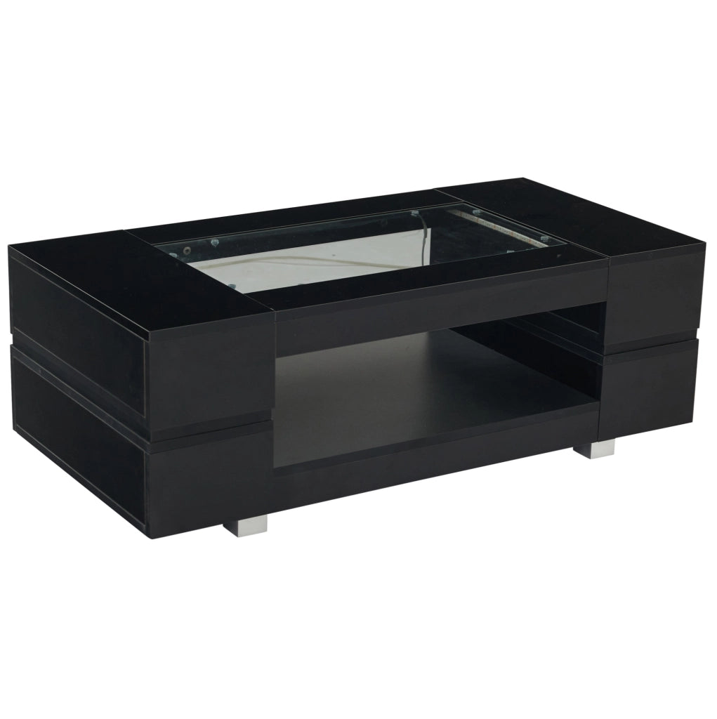 Tavolino da salotto LED nero 100 x 50 x 35 cm con struttura a doppio livello e piano in vetro temperato