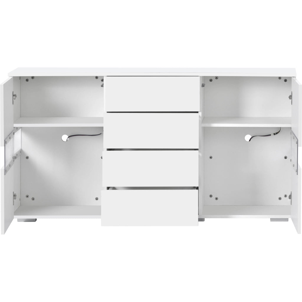 Madia con 2 ante e 4 cassetti; illuminazione LED - in MDF - 145x35x72 cm - bianco