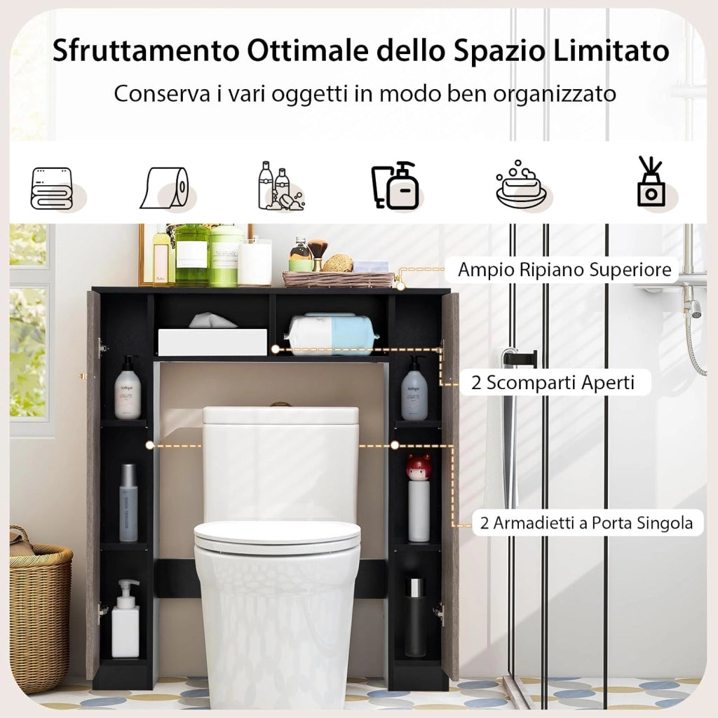 Scaffale Sopra WC 87.5x18x98cm, Mobile per Bagno con Doppia Anta, 2 Scomparti Aperti e 4 Ripiani Regolabili, Armadietto Salvaspazio da Terra per Bagno Lavanderia (Nero)